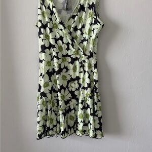 Sleeveless Floral Wrap Mini Dress in Black and Light Green